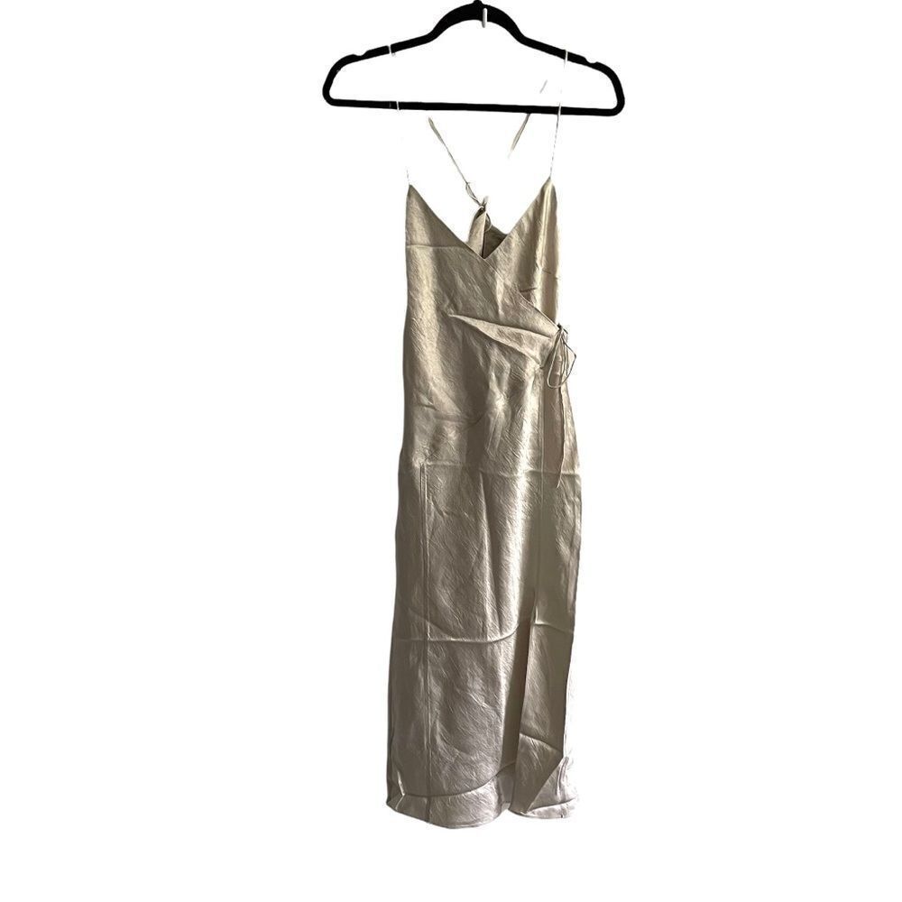 J. Lindeberg Champagne Silver Sleeveless Faux Wrap Midi Dress 34